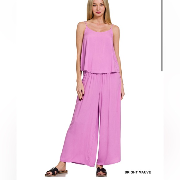 WOVEN CAMI & PANTS 2 PIECE SET Bright Mauve - Picture 1 of 3